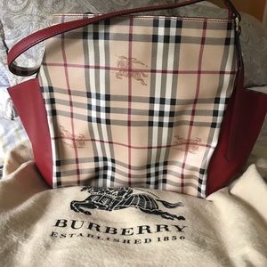Red accent Burberry bag!